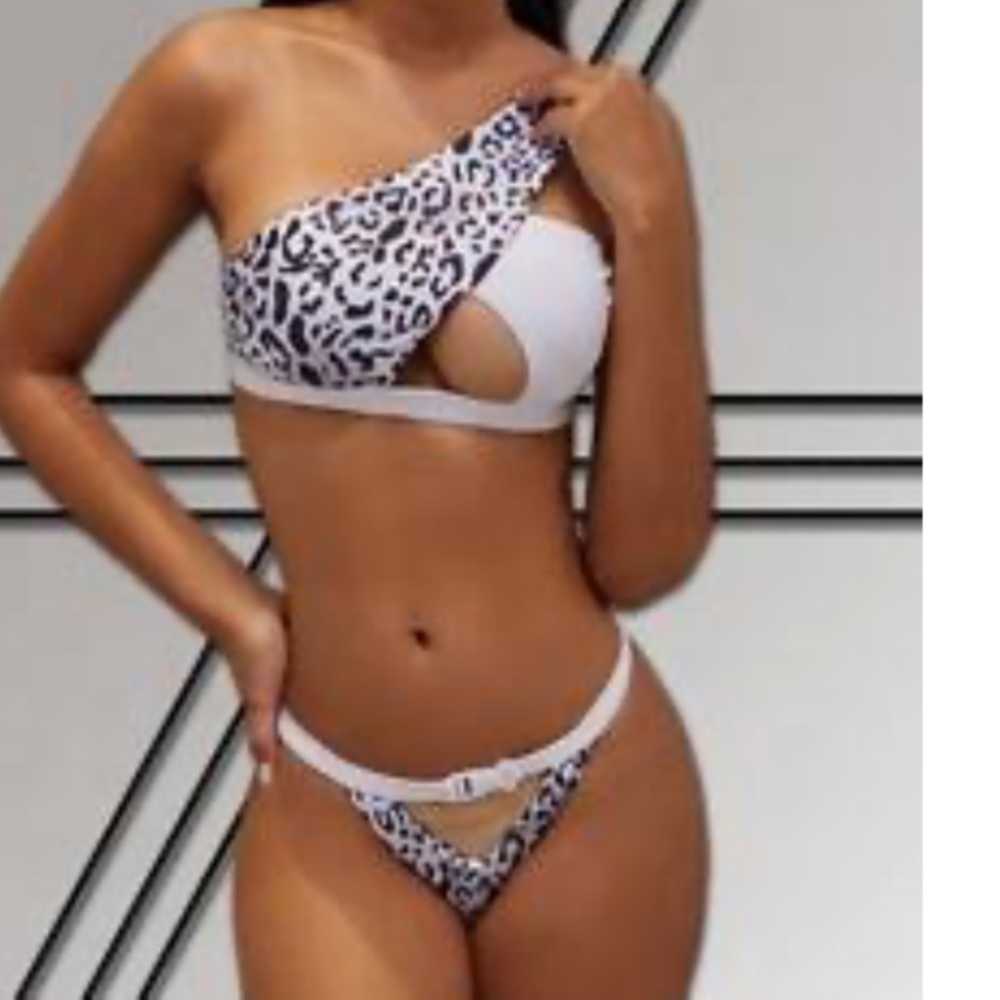 White with leopard print Brazilian cut bikini